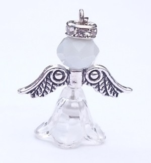 Angel, opak white crystal- antique silver, 25 mm 